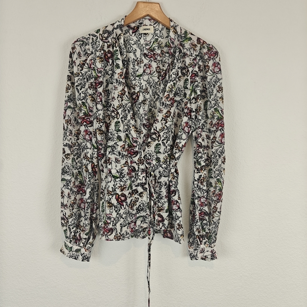 L'agence Floral Long Sleeve Silk Deep V-neck Wrap Blouse Size Small Women's